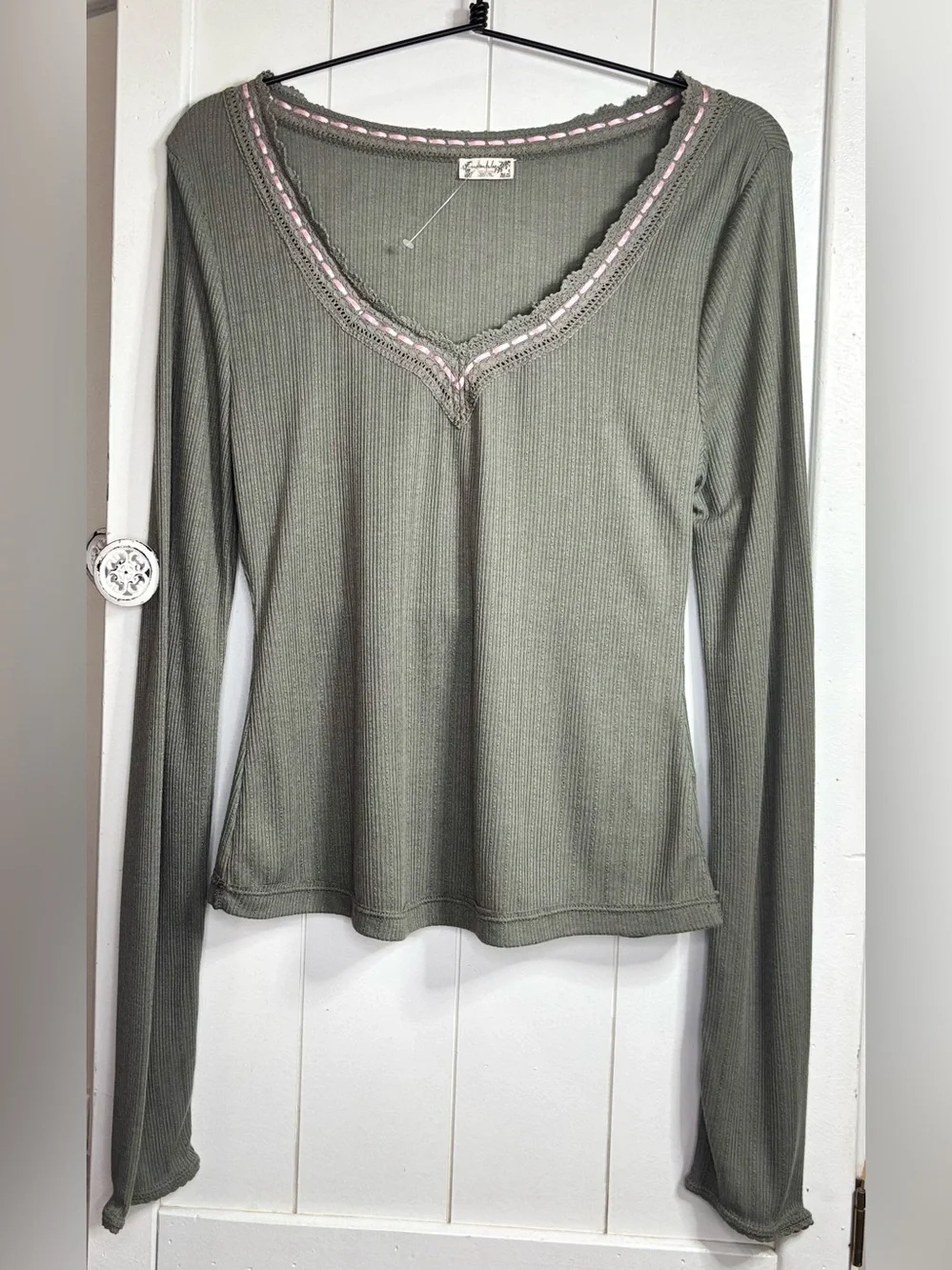 Free People Only You Ribbed Lace Trim Layer Top NWOT Medium Olive Green & Pink